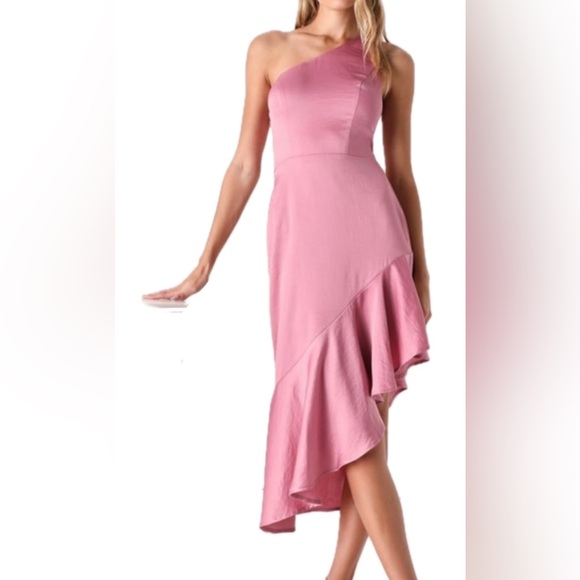 {LULUS} Loving the Attention Mauve Satin
Asymmetrical Ruffled Midi Dress NWT - Picture 1 of 7